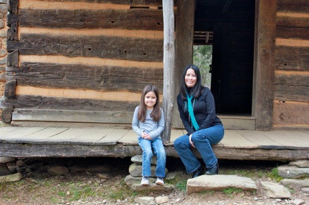 Mia and I sitting on the porch at the John Oliver cabin. 