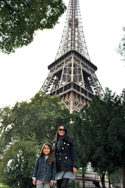 Mia and I in front of the Eiffel Tower.