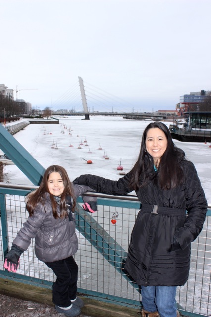 Mia and I on the bridge we cross often... with the frozen sea in the background!