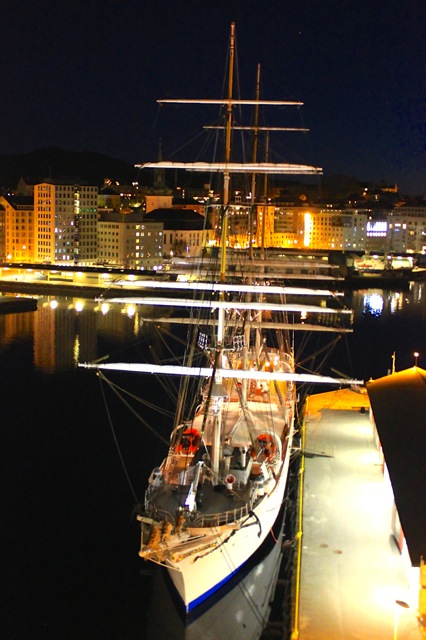 A beautiful ship at night in Bergen.
