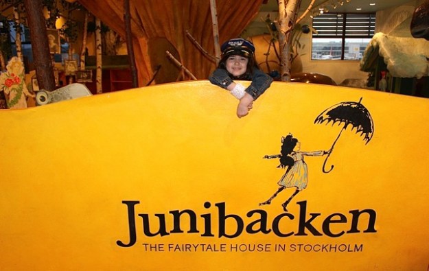 Mia having fun at the display for Junibacken at the Stockholm Airport.