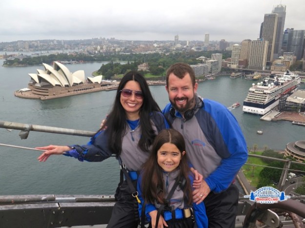 My family and I with the stunning Sydney Opera House in the background! Luckily, it hadn't started raining yet when we made it to this part of the bridge climb!